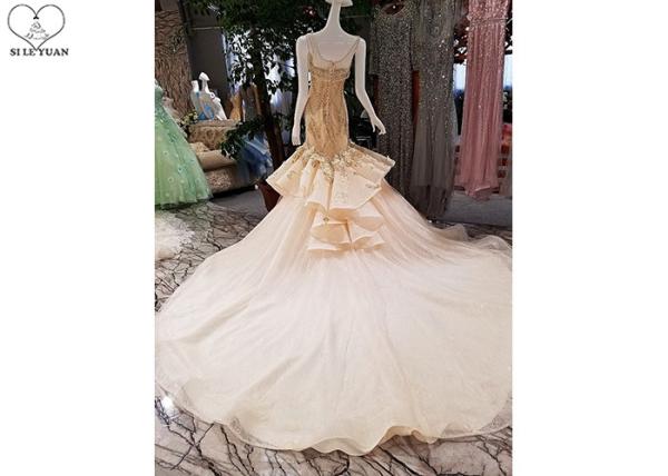 Puffy Tailor Made Prom Dresses / Champagne Fishtail Prom Dress Lace Flowers