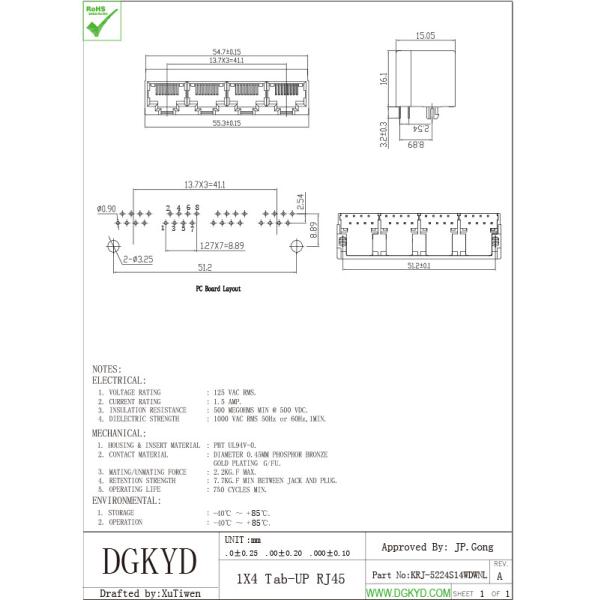180 graus de soquete superior dos ethernet dos portos da entrada quatro dos conectores portuários múltiplos de 1X4 RJ45
