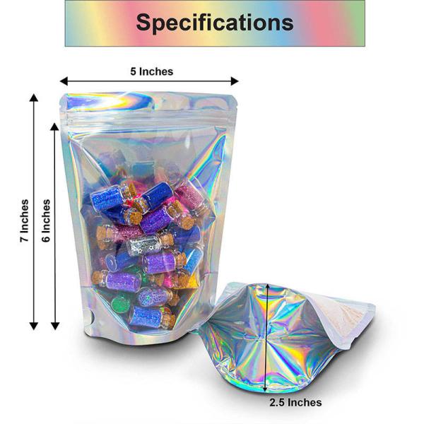 Clear Front Foil Back Iridescent Food Zip Lock Bags Resealable Holographic Stand Up Pouches Smell Proof Mylar Bags