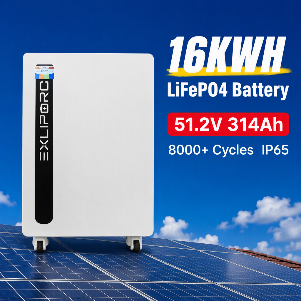 EXLIPORC 16.07kWh IP65 Waterproof LiFePO4 Battery with 314Ah High-Density Cells for Solar Energy Storage