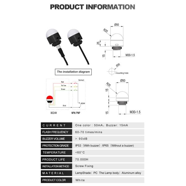 Lámpara indicadora LED de 24 V CC, hemisferio de 35 mm, luz indicadora de señal de 3 colores con color RYG