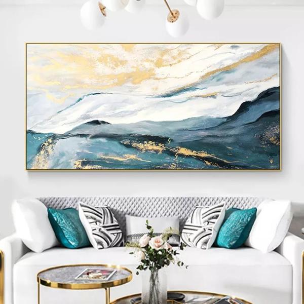 Blue Gold Foil Abstract Landscape Oil Painting On Canvas Hand Painted Modern Textured Medium Oil
