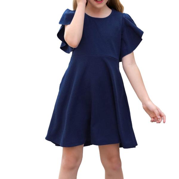 Girl's Flutter Sleeve Stretchy A-Line Swing Flared Skater Party Dress with Pockets for 4-12 Years Kids Skirt Dresses