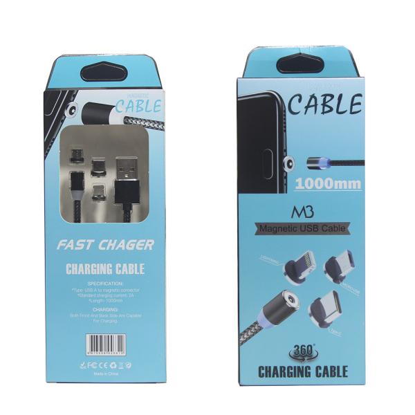 Cabo USB Magnético 3 em 1 Trançado em Nylon Micro Tipo C 8 Pinos