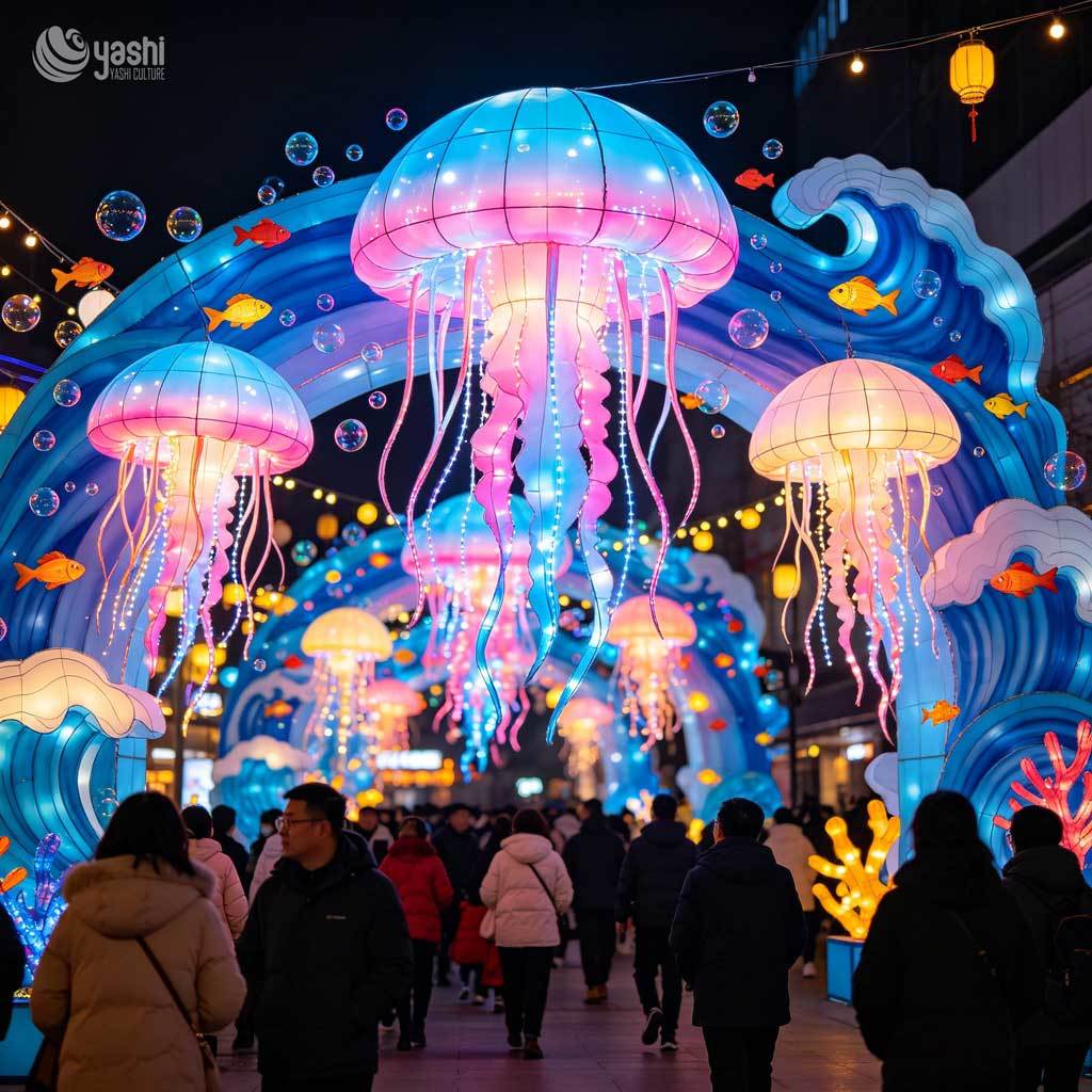 Ocean Themed Jellyfish LED Lantern Arch, Underwater Light Tunnel Sculpture for Street Festival & Mall Display