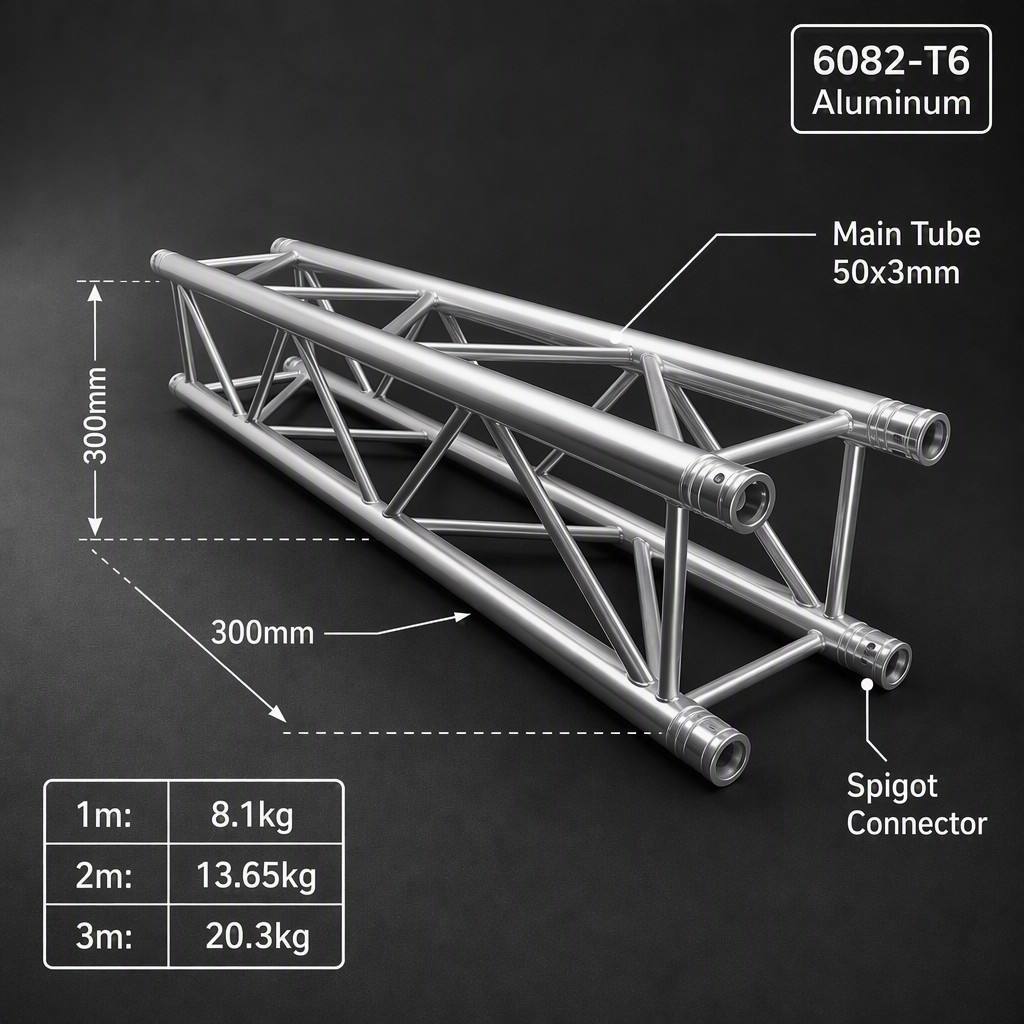 300x300mm Aluminum Spigot Truss with 6082-T6 Alloy and 4-Sided Diagonal Bracing for Stage Lighting Rig