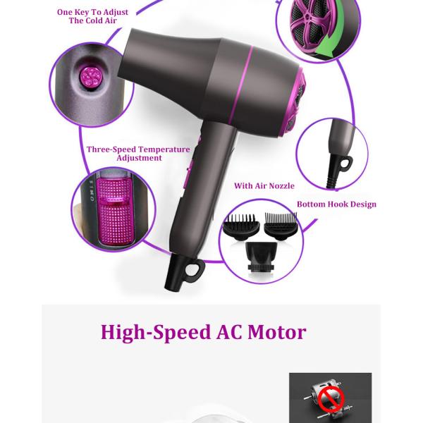 Профессиональный отрицательный фен для волос нейлона серого цвета мотора AC иона 1800W сильный