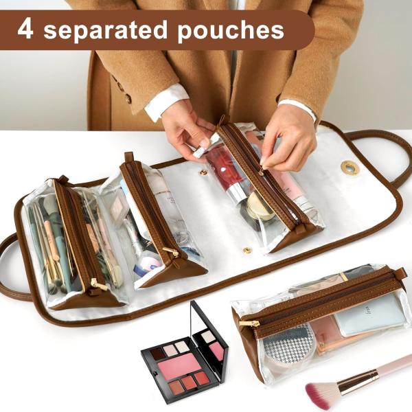 DuPont Travel Folding Storage Cosmetic Bag, pu lether Travel Makeup Organizer Bag, Foldable Toiletry Bag With Detachable Pouches, Large Capacity 4-In-1 Roll-Up Cosmetic Storage With Handle For Women