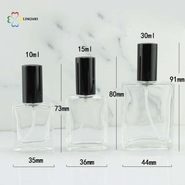 Wholesale Flat Square Glass Perfume Atomizer Bottles | 10ml, 15ml, 30ml Empty Refillable Spray Bottles with Metallic Aluminum& Wooden Caps