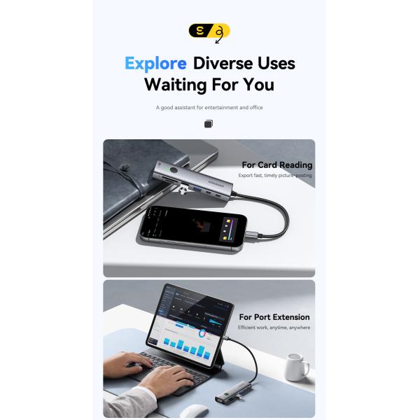 ESSAGER ES-HB03 Series 7 in 1 USB-C USB-A SD TF Port 3.0 Best USB Port Hub