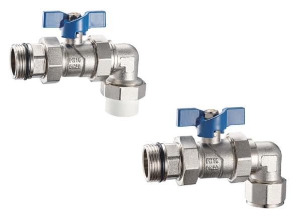 3606 3608 Nickel Plated Angle Coupling Brass Ball Valve with Blue Aluminum Butterfly Handle for Plastic pipe connections