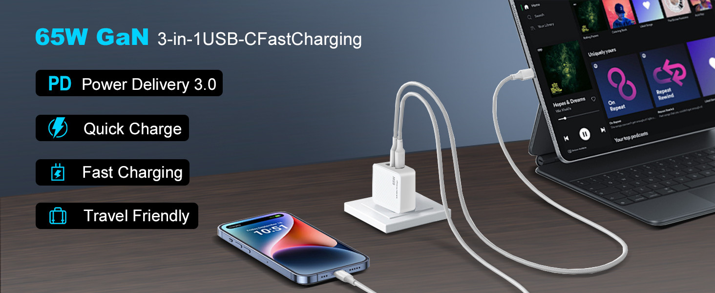 65 Вт USB C 3 порта GaN быстрый зарядник блок многопортовый USB C настенный зарядник для MacBook