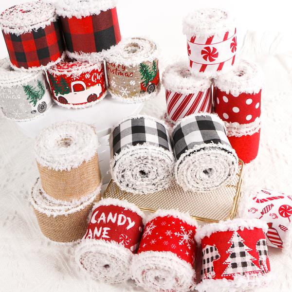 63MM MSD Christmas Wired Burlap Ribbon with Snow and Candy Print Create Festive Decor
