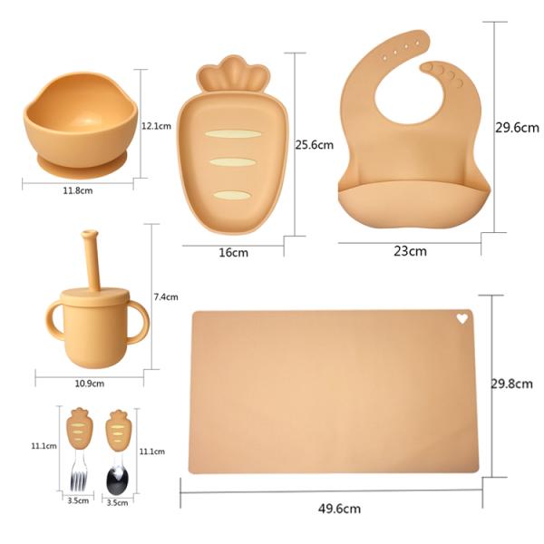7 Pieces Silicone Baby Feeding Set Carrot Shape Dining Table Mat Suction Cup