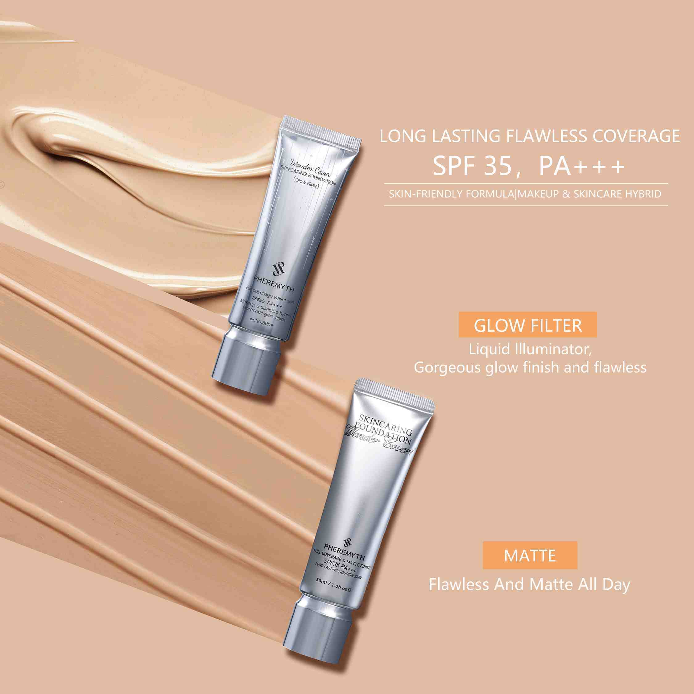 Flawless Coverage Face Makup Products Glow Filter Liquid Illuminator Skincaring Foundation SPF35 PA+++