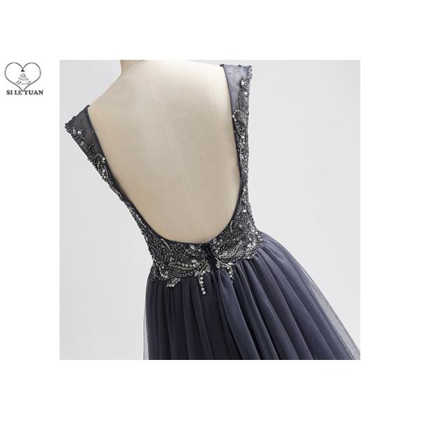 Long Tail A Line Ball Gown Navy Blue V Neck No Arm Backless Heavy Beading Tulle