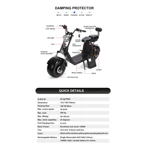 60V 12Ah Motorcycle Two Wheel Scooter Electric Citycoco Removable Battery E5-10