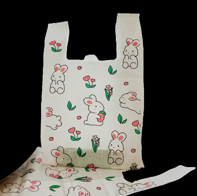 Milky White Rabbit Holding Radish Recyclable Plastic Takeout Bag Cute New Year Gift for Baking Desserts Noodles Tampons
