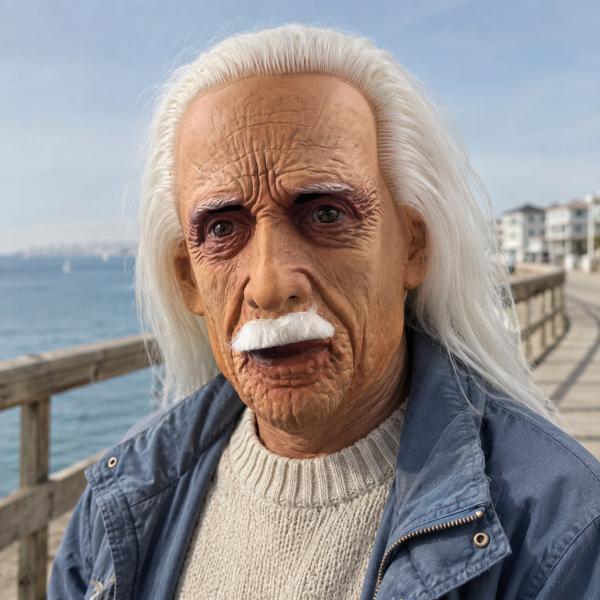 Long White Hair Old Man Latex Full Head Mask with White Mustache, Realistic Wrinkles, Aged Skin Texture and Visible Eye Openings for Halloween Party Cosplay Costume Photo Video Props