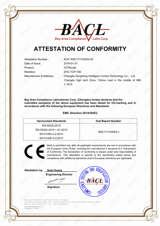 Chengdu Zongheng Intelligence Control Technology Co., Ltd. Сертификации