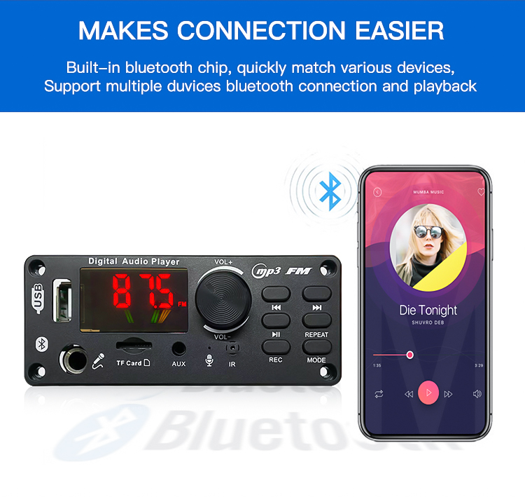 12V 2*50W Digital Power Amplifier Module Panel BT Speaker Microphone Recording Radio Stylish Card Voice Recorder MP3 Player
