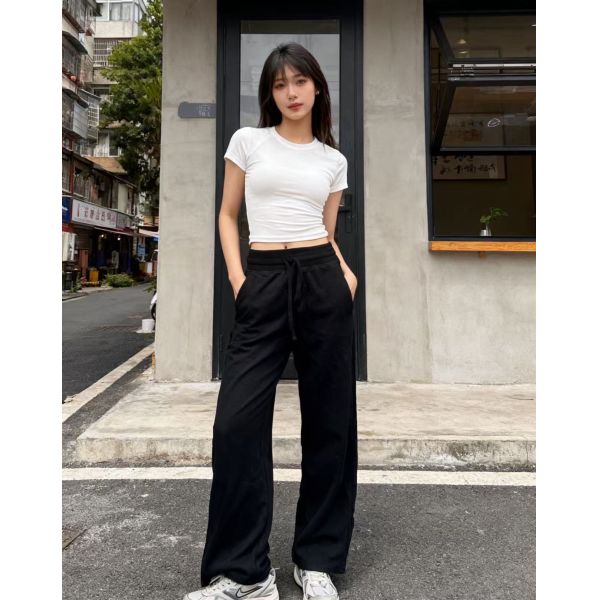 Soft Knit Wide Leg Drawstring Pants - Dark Green / Cream / Light Green