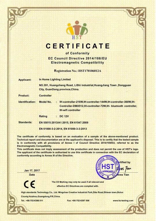 IN HOME LIGHTING LIMITED Certifications