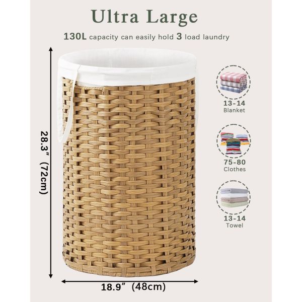 Large Laundry Hamper Laundry Basket Round Handwoven Wicker Laundry Baskets Rattan Laundry Basket With Removable Bag Handles 2 Mesh Bags For Living Room Bedroom Natural