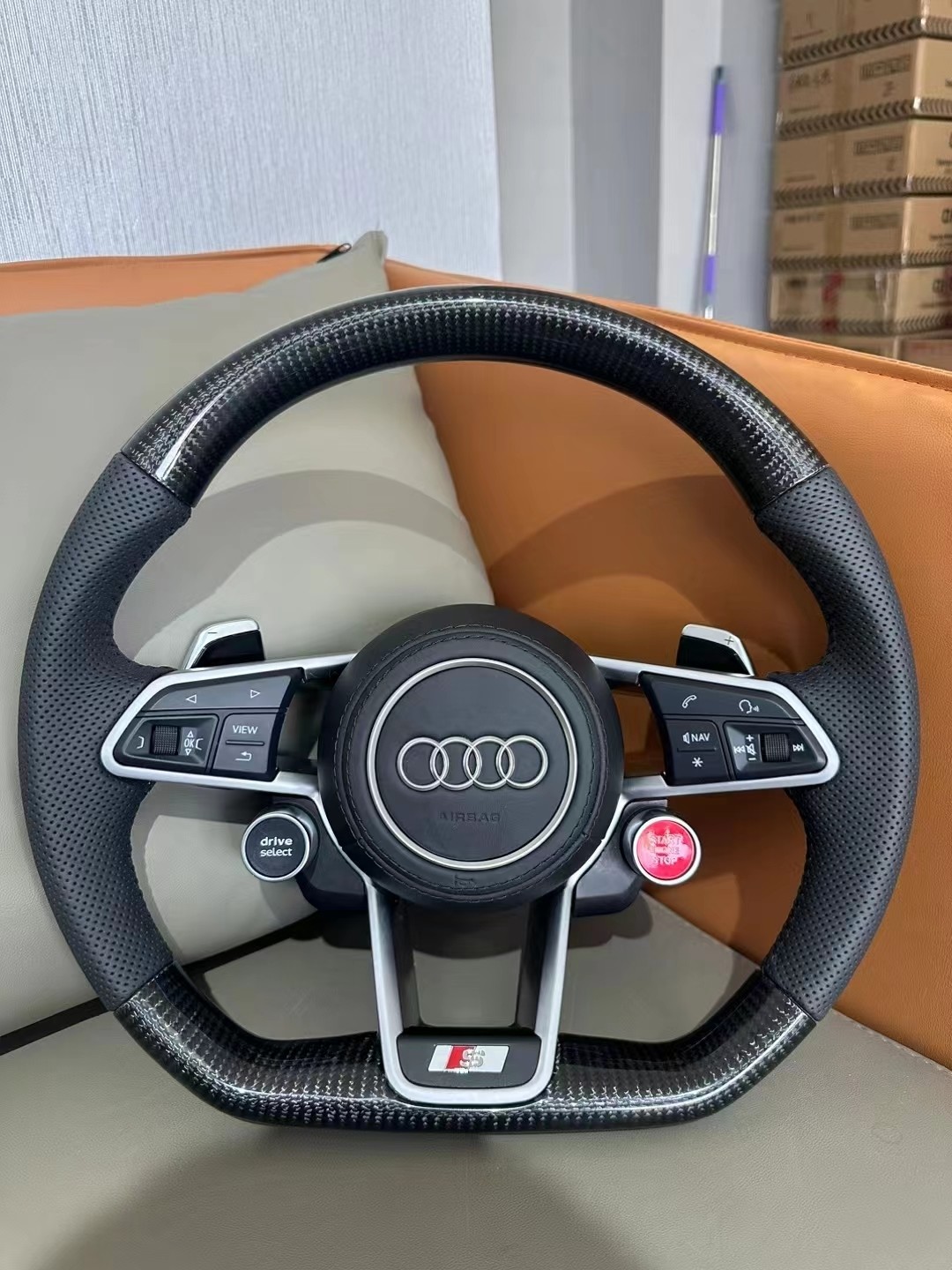 55cm Diameter True Carbon Fiber and Genuine Leather Steering Wheel for Audi R8 Full Series