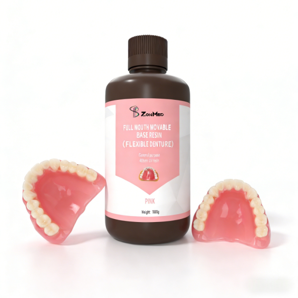 Liquid form 3D printed denture resin Shore D 88 hardness designed for professional dental labs producing custom dentures