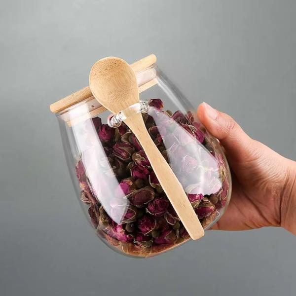 Minimalist Design Borosilicate Glass Canister Spice Jar With Bamboo Lid Spoon