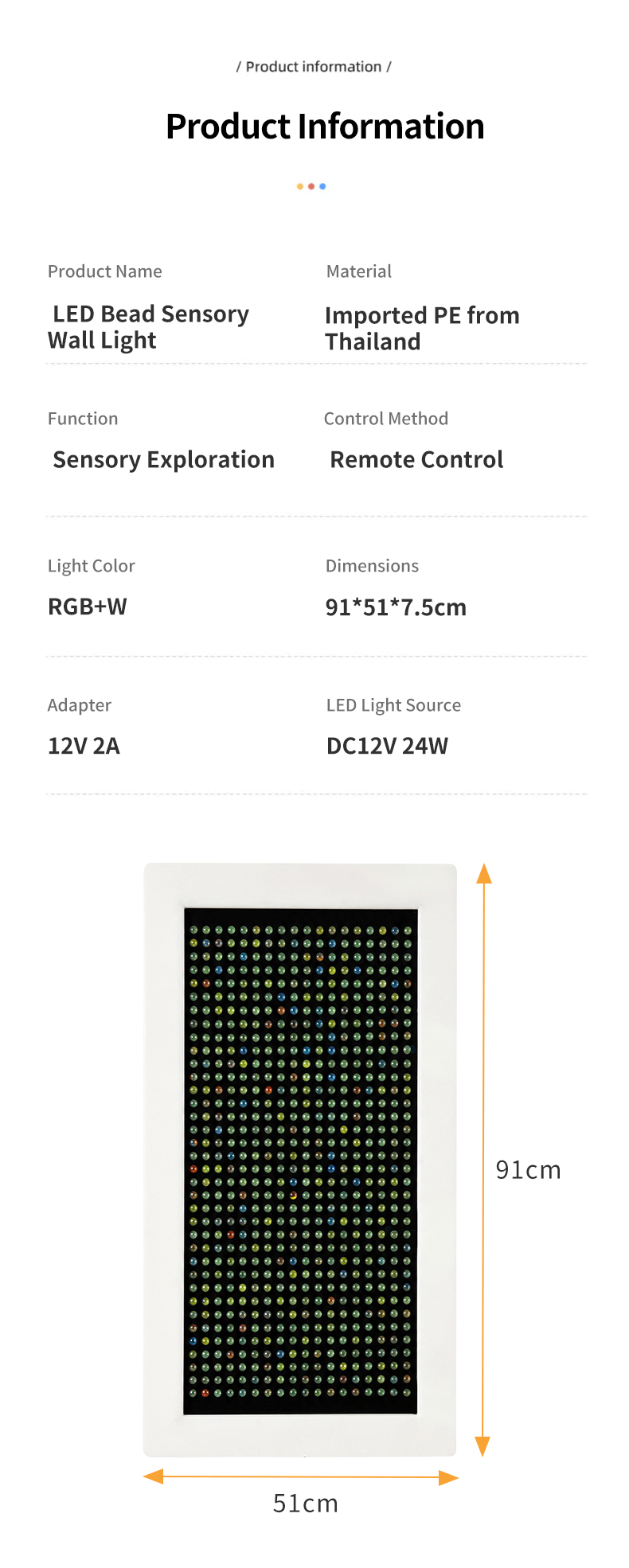 Interactive Sensory Wall LED Light Panel with RGB Color Changing and Customizable Dimensions for Kids Aged 2 to 14