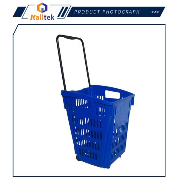 Single Steel Handle HDPP Rolling Shopping Baskets With Two Wheels