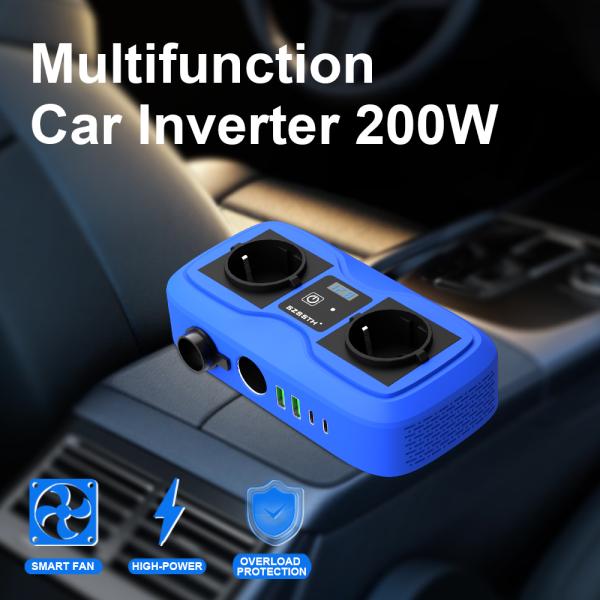 200W Car Power Inverter with LCD Display & Dual Cigarette Lighter Plugs, 2 USB Ports and AC Outlet, 12V to 220V Modified Sine Wave
