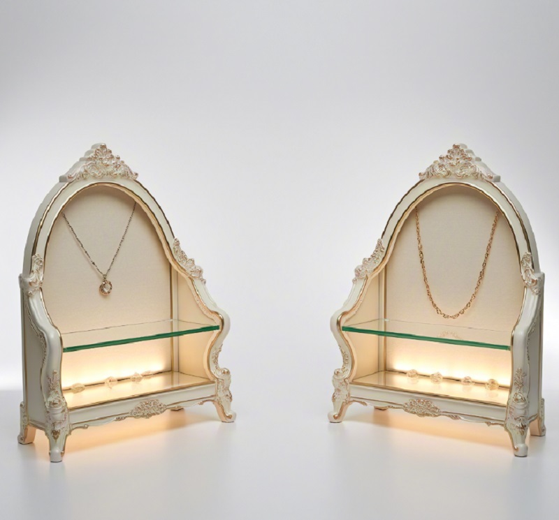 Luxury Jewelry Display Props with Hand-Carved Floral Scroll Details High-Transparency Tempered Glass Shelves and Integrated LED Illumination System