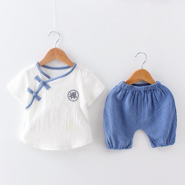 o terno de duas partes do bebê novo de 100cm ajustou a camisa curto branca da luva do estilo chinês