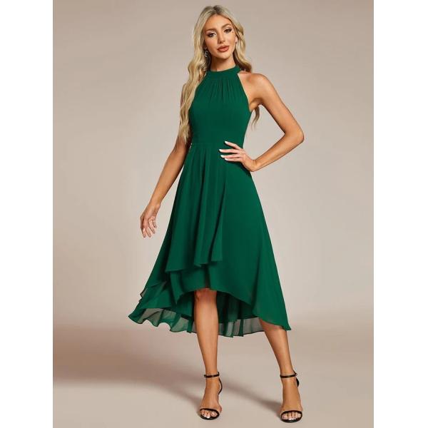 Sexy A-line Sleeveless Halter Neck Wedding Guest Dress Dark Green Chiffon Graduation Dresses