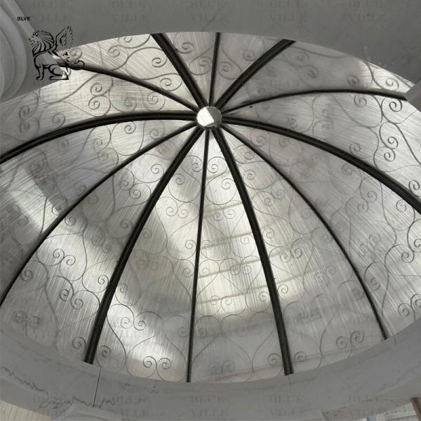 Marble Round Gazebo Waterproof Iron Dome Natural White Stone Pillar Pavilion Handcarved Large Outdoor Custom