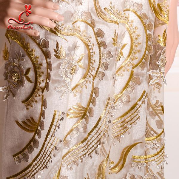 Heavy Tulle Beaded Embroidered Lace Fabric For Bridal Dress Azo Free Dyeing