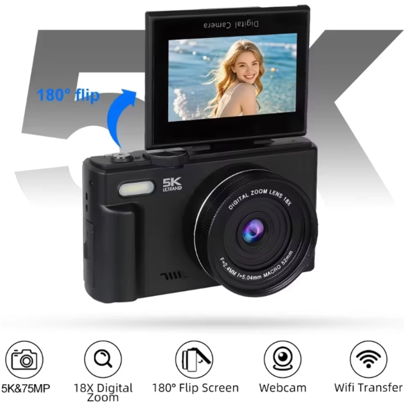 Compact Vlogging Camera 75MP 5K Digital Camera with AI Smart Face Tracking 180° Flip Screen 18X Zoom WiFi Auto Focus Vlogging