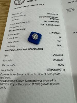 2.17CT G VS1 3EX CVD Lab Created Diamond Round Cut IGI Certificate LG624443138