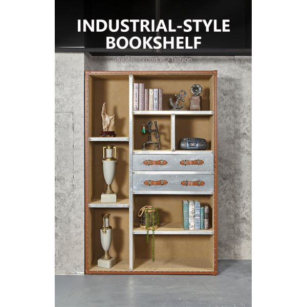 Nidea #302 Industrial Style Wooden Shelf Aluminum Frame Bookshelf with Pull-Out Shelves Multifunctional Design for Living Room Home Office