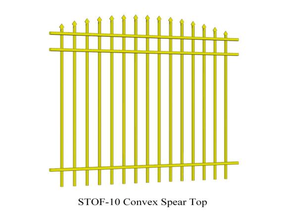 Convex Spear Top Crimped Steel Garrison Fencing 40mm x 40mm x 3 rails Tubular Steel Fence powder coated 80 microns