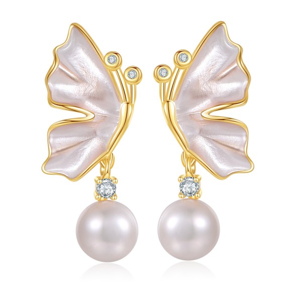 Fashion Maple Leaf Pearl Earring 14K Gold Plated Flower Studs 925 Silver Needle Hypoallergenic Butterfly Earrings