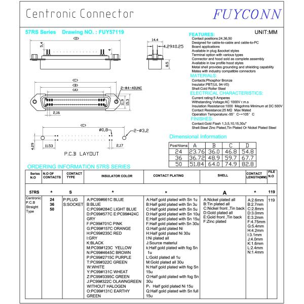 Female 36 Pin Centronics Connector Vertical Straight Angle Champ Connector