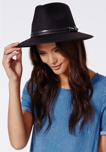 BRAID LEATHER TRIM FEDORA BLACK