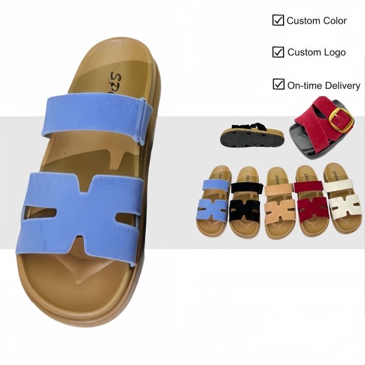 Flocked H-Band Double-Strap Slides with PVC Cushion Sole | Factory Wholesale