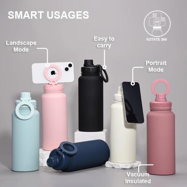 New Cross-border Mobile Phone Magnetic Stand Water Cup Outdoor Large-capacity 1L Insulated Cup Stainless Steel Sports Water Bottle
