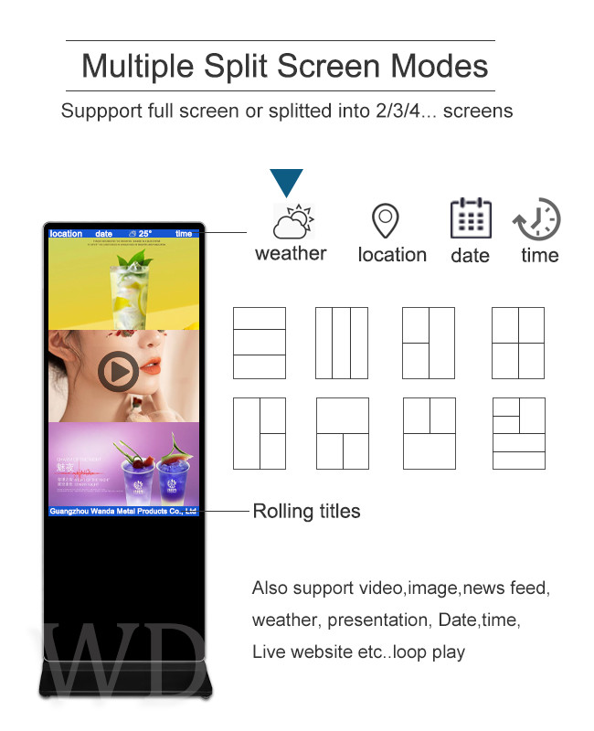 Дисплей публичной информации пола стоя на панели WiFi Bluetooth Romote Udpate LCD Scree