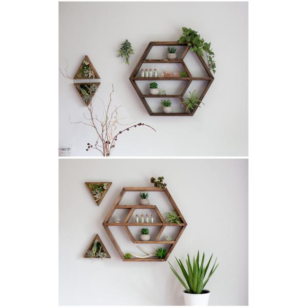 Home Decoration Solid Wood Hexagon Wall Mounted Floating Shelf Wooden Storage Shelves